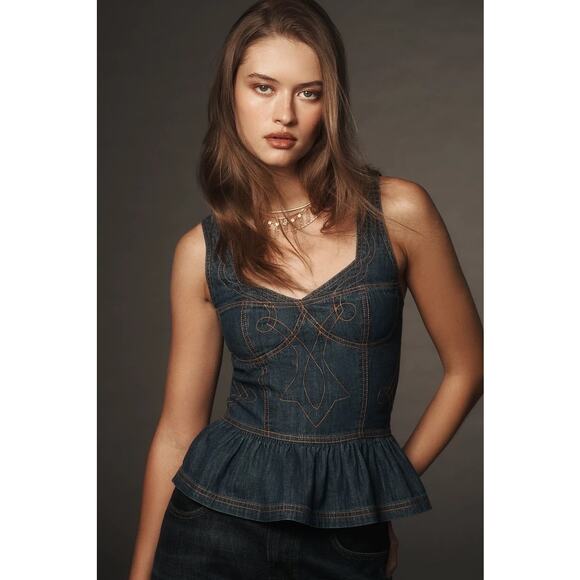 ANTHROPOLOGIE- NWT- PILCO EMBROIDERED PEPLUM CROSET JEAN TOP Sz:XXS Ret$98. - Picture 2 of 4